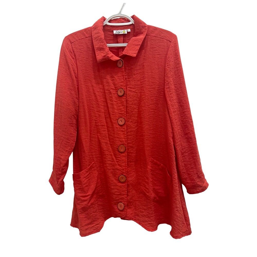 Calypso Clothing Button Down Tunic Women Size L Orange Good Textured Long Sleeve